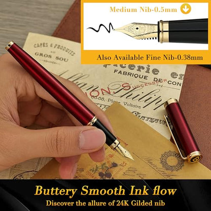 BEILUNER Red Fountain Pen,Stunning Luxury Pens with 24K Gold Finish, Gorgeous 24K Gilded Nib(Medium), Fancy Pen Gift for Men&Women -Ink Converter-Elegant,Professional,Office,Nice Pen for Writing - color: Red&Gold, style: Medium Nib