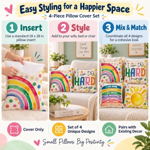 Fahrendom Rainbow Sunshine Decorative Throw Pillow Covers 18 x 18 Set of 4 - color: Rainbow