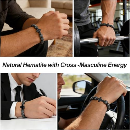 Gifts for Men Bracelets Triple Protection Cross Bracelet 8mm Black Obsidian Hematite Tiger Eye Beaded Natural Stone Bracelets Birthday Jewelry Gifts Cross Christian Gift for Him Husband Son - color: 1--Triple