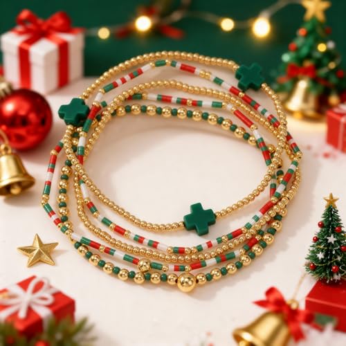 Gold Beaded Bracelets Stack for Women Stackable 14K Gold Plated Beads Ball Cross Bracelet Boho Christian Jewelry Faith Friendship Birthday Gifts for Women - color: red green
