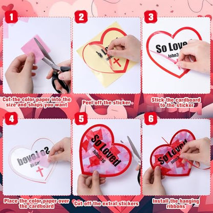Lunmon 24 Pcs So Loved John3:16 Christian Valentine Crafts Religious Valentine Suncatchers Ornaments DIY Heart Stained Glass Kit Window Art for Church Party Vbs with Ribbon and Stickers - style: Heart