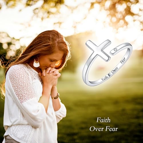 Sterling Silver Cross Rings for Women - Faith Inspirational Adjustable Rings Jewelry Gifts for Christian - style: Faith Over Fear