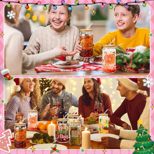 Glass Cups with Lids and Straws, 6Pack, 16oz, Christmas Candy - style: Gingerbread Tree