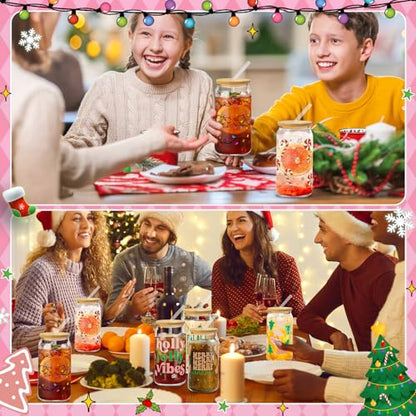 Glass Cups with Lids and Straws, 6Pack, 16oz, Christmas Candy - style: Gingerbread Tree