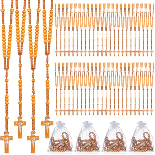 48 Pcs Wooden Rosary Beads Necklace, Catholic Rosary with Jesus Cross - color: Light Brown