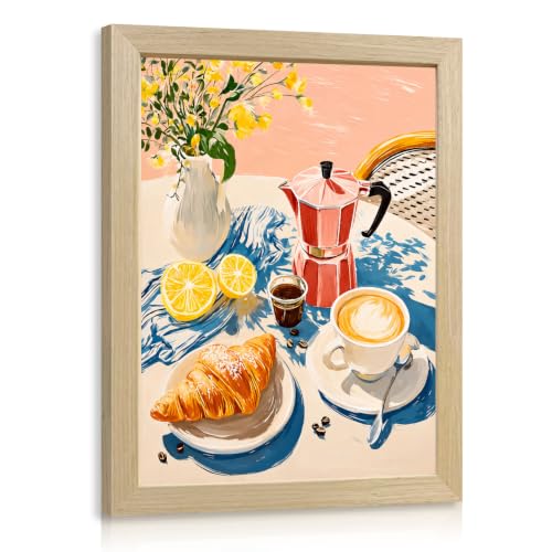 OPFDE Wood Framed Coffee Bar Wall Art, Vintage Cafe Still Life Wall Decor, Cozy Italian Breakfast Espresso Poster Print, Croissant Lemon Floral Artwork for Kitchen Dining Room Living Room 8x10 Inch - color: BreadCoffee, size: 10"L x 8"W