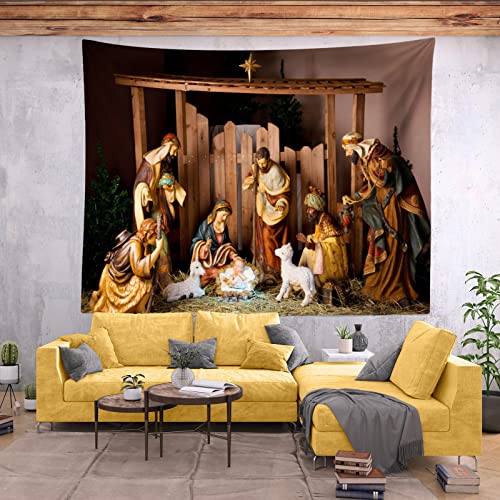 Loccor Chritmas Nativity Scene Tapestry 118x98 inches Christmas Holy Night Manger Scene Tapestry Wall Hanging Christian Religious Merry Xmas Party Decor for Church Bedroom Living Room Dorm Home Decor - size: 118.1"L x 96"W