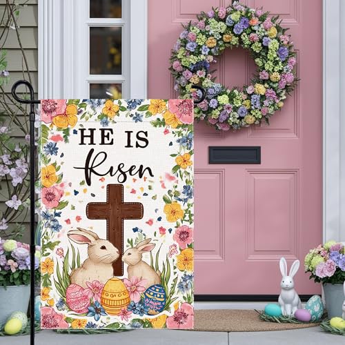 Welcome Easter Egg Garden Flag He Is Risen Christian Cross Small Flags for Outside, 12x18 Inch Rabbit Double Sided Burlap Seasonal Outdoor Yard Lawn Decoration