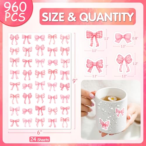 LINAYE 24 Sheets Pink Bow Stickers, 960 PCS Coquette Bow Decorative Stickers Bulk Cute Small for Crafts Envelops Scrapbooking Party Favors Supplies for Women Adults Girls - style: Pink Bow 24 Sheets
