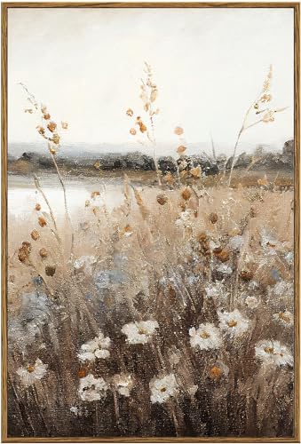 KBKBART Vintage Wall Art Framed, Retro Countryside Autumn Wildflower Field Landscape Canvas Painting Farmhouse Decor Wall Art, Rustic Fall Landscape Bathroom Wall Decor for Bedroom Living Room, - color: Country Field, size: 24"L x 16"W