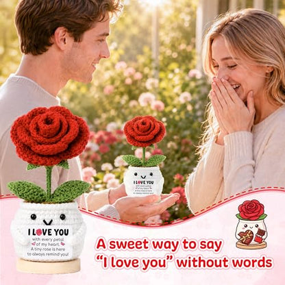 Positive Crochet Rose Flower Gift for Her, Romantic Anniversary Valentines Day I Love You Birthday Gift for Girlfriend Wife Husband, Encouragment Positive Gifts for Couples Husband Mom Grandma - color: Rose