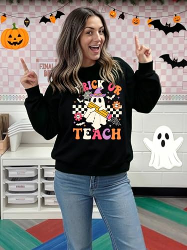 Teacher Halloween Sweatshirt Women Cute Ghost Reading Books Tops - color: D-black, size: XX-Large