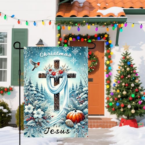IVN Christmas For Jesus Garden Flag 12x18 Inch Double Sided - color: Snowy Cross Jesus