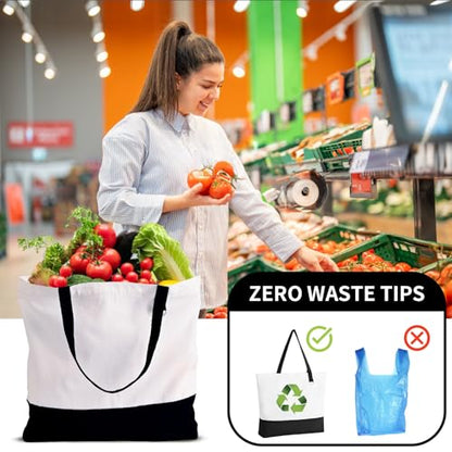 6-Pack Canvas Tote Bags with Zipper, Large Reusable Grocery Tote Bluk - color: Black/White