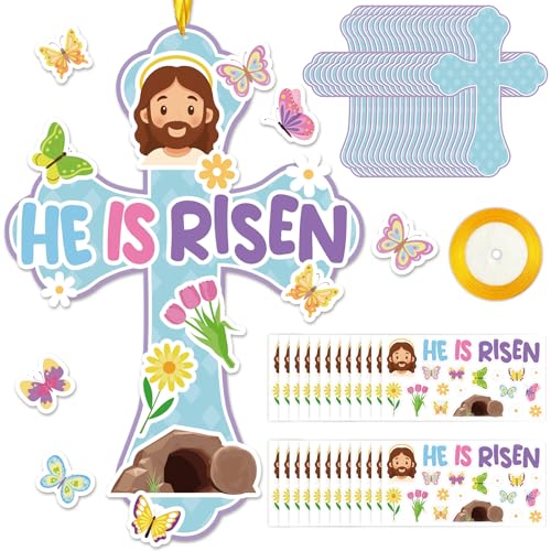 COCHIE 24 Set He is Risen Paper Cross Easter Crafts Kit, Christian First Communion Gift, DIY Make Your Own Jesus Resurrection Criss Cross Craft Kits for Church Home Party Decorations Classroom (Blue) - color: Blue