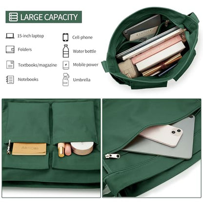 KALIDI Canvas Tote Bag Zipper Large Crossbody Shoulder Bag Messenger Bag - color: Upgraded Dark Green
