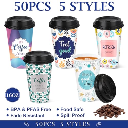 50 Pack 16 oz Disposable Coffee Cups with Lids Quotes - style: Motivational Quotes