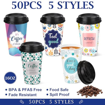 50 Pack 16 oz Disposable Coffee Cups with Lids Quotes - style: Motivational Quotes