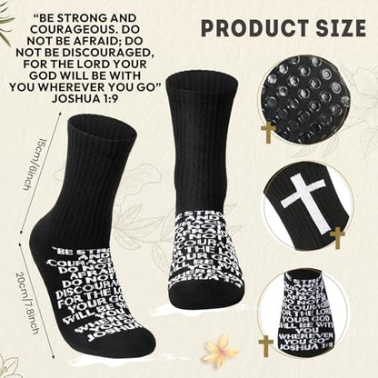 Glitopper Cross Grip Soccer Socks Anti Slip Christian Socks with Bible Verse Religious Grip Sports - color: Black, style: Joshua 1:9