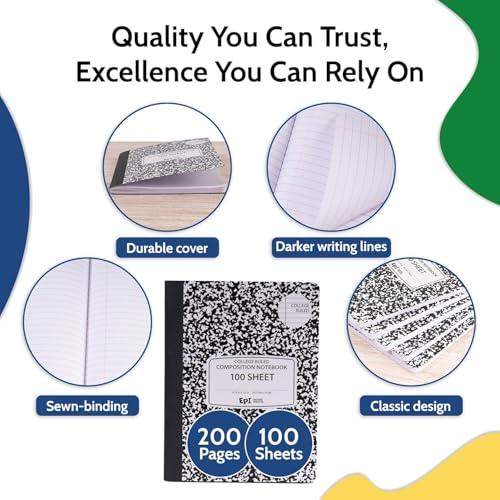 960 Pack (Pallet) EPI College Ruled Composition Notebook Bulk, 200 pages (100 Sheets), 9-3/4 x 7-1/2, Black Marble, Bulk School Supplies, Heavy Duty, Durable Office Notebooks, Sturdy Sewn Binding - size: Pack of 960, style: College Ruled
