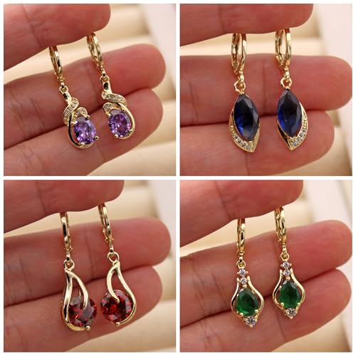18K Gold Plated, Dangle Earrings for Women, Flower/Heart Drop earrings, Hypoallergenic Cubic Zirconia Earrings, Lightweight, Party, gold earrings, Jewelry for Gifts, Fashion - style: Drop-BigGems-4Pair