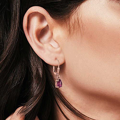 Teardrop Bridal Dangling Leverback Earrings Pear Cubic Zirconia 925 Sterling Silver - color: Rose Tone, Simulated Ruby CZ