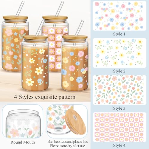 Mumufy 4 Pack Pastel Flower Glass Cup, 16 oz Tumbler Mug with Bamboo Lid - style: Pastel Flower