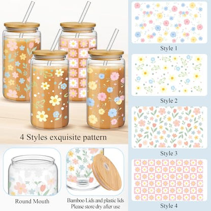 Mumufy 4 Pack Pastel Flower Glass Cup, 16 oz Tumbler Mug with Bamboo Lid - style: Pastel Flower