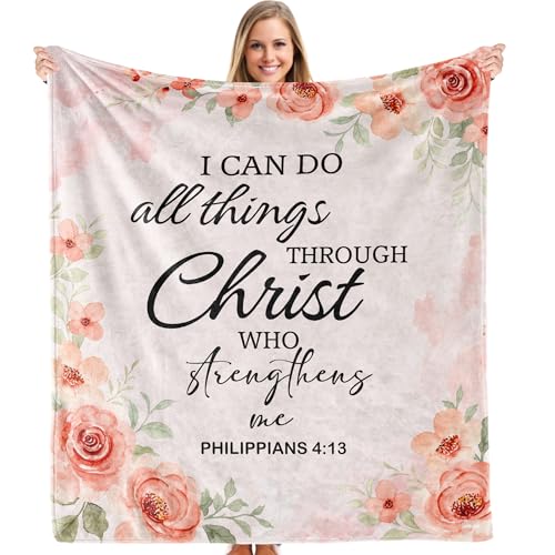 Pink Floral Christian Blanket, I Can Do All Things Through Christ Inspirational Bible Verse Throw Blankets Gifts for Bed Couch Bedroom Room Decor, Christian Gifts for Women, 50x60 Inches - color: Christ