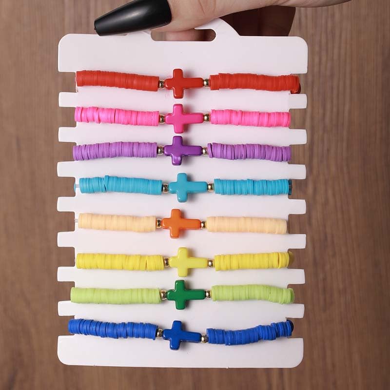 Caiyao 8Pcs Cross Bracelets Bohemian Rainbow Polymer Clay Cross Stretch Bracelets Colorful Stackable Cross Beads Elastic Bracelet for Women Summer Beach Friendship Jewelry Gifts - color: 8pcs 1