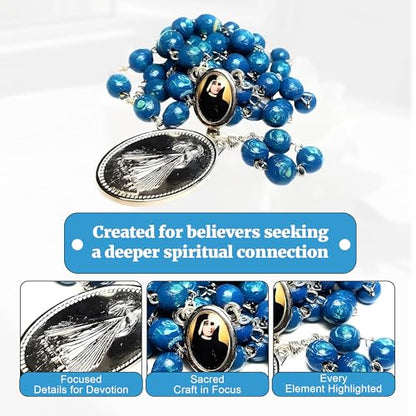 SANCTUM VERITAS Saint Faustina Kowalska True Relic Chaplet Apostle Divine of Mercy Miraculous Medal Jesus I Trust in You Chaplet Three O' Clock Prayer Poland Polish Novena - color: Blue