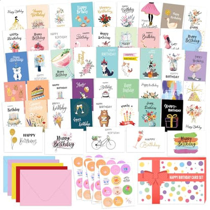 50 Pack Assorted Birthday Cards with Envelopes & Stickers, Blank Happy Birthday Cards Bulk Box Set, 4 x 6 Inches, 50 Unique Designs for Women, Kids, Family, Friends, Work, Office