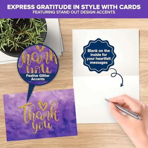 Decorably 24 Pack Glittery 6x4in Purple Thank You Cards with Envelopes - style: Purple