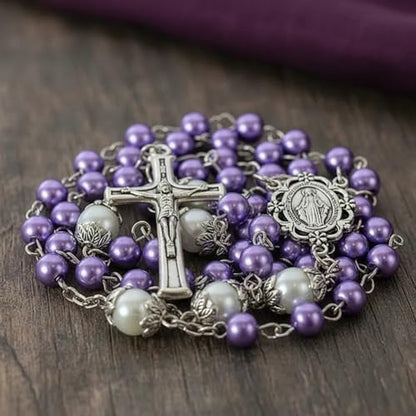 Nazareth Store Pearl Beads Rosary White Our Father Beaded Necklace Lourdes Medal & Cross Crucifix Spiritual Devotion - color: Purple