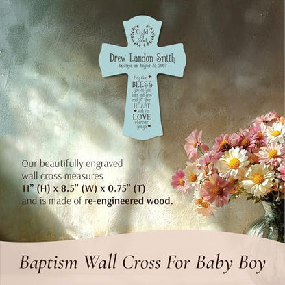 LifeSong Milestones Personalized Baptism Wall Cross - Engraved Blue Wood Christian Cross with Name & Date, Child of God Blessing, Christening & First Communion Gift (Blue, 8.5" x 11") - color: Blue, size: 11"L x 8.5"W