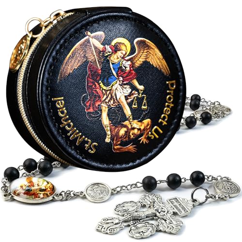 St. Michael the Archangel Catholic Rosary Necklace for Men, 8MM Black Hematite Prayer Beads Packed in Travel Jewelry Box, Rosary Beads Catholic Saints Gifts for Men - color: Black Agate