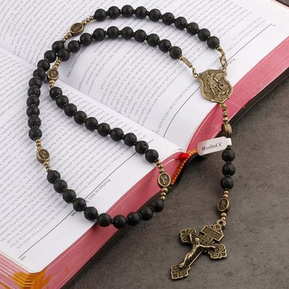 HanlinCC Black Lave Stone Beads Saint Michael Catholic Rosary Necklace with Gift Bag - color: Anti-Bronze