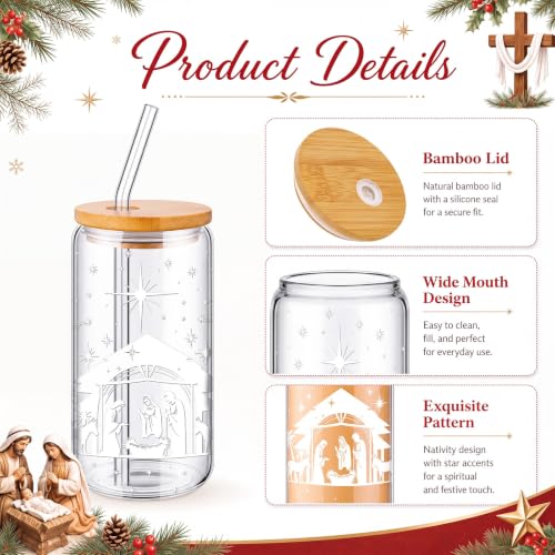 Fulmoon 6 Pcs 16 oz Nativity Scene Christmas Glass Cups with Lid and Straw - style: Christmas