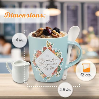 Christian Art Gifts Scripture Coffee and Tea Mug with Ceramic Spoon Set - color: Bless You/Teal