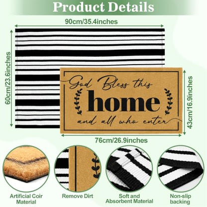 2 Pcs Christian Door Mat Welcome Mats for Front Door Striped Layering Rugs - color: 2 Pcs Coir Home
