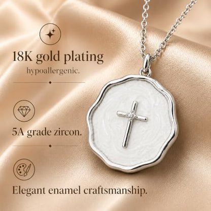 Enamel Cross Necklace for Women 18K Gold Plated Christian Pendant - color: White-Silver