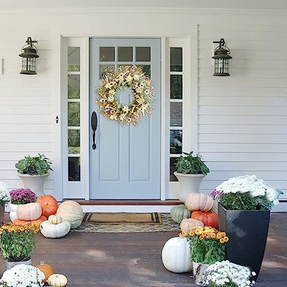 idyllic 22 Inches Spring Wreath for Front Door with Yellow and White Daisies Flowers, Ear of Wheat, Green Leaves, Fall Harvest Wreath for Festival Thanksgiving Farmhouse Wall Home Decor - size: 22 Inch