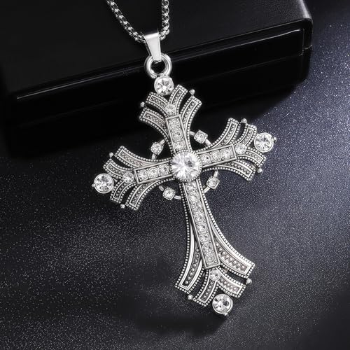 Gold Large Cross Necklace For Women Men Long Zircon Chunky Cross Necklace Retro Gothic Y2K Style Jewelry Statement Surprising Hallowmas Christmas Party Ball Jewelry Accessories Gift - color: silver
