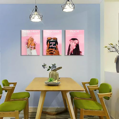 DAXINGJ Pink Christian Wall Art Set of 3, Black Girl Framed Prints - color: Pink Black Woman Bible, size: 16"L x 12"W