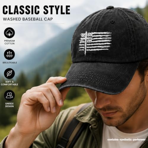 Christian Hats for Men Cross America Flag Washed Baseball Cap