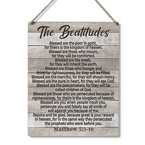 Qious Inspirational Bible Gift Signs the Beatitudes Blessed are the Poor in Spirit for Theirs is the Kingdom of Heaven Wooden Hanging Sign Religious Scripture Art Wall Home Decoration 10 x 8 Inches - color: matthew5