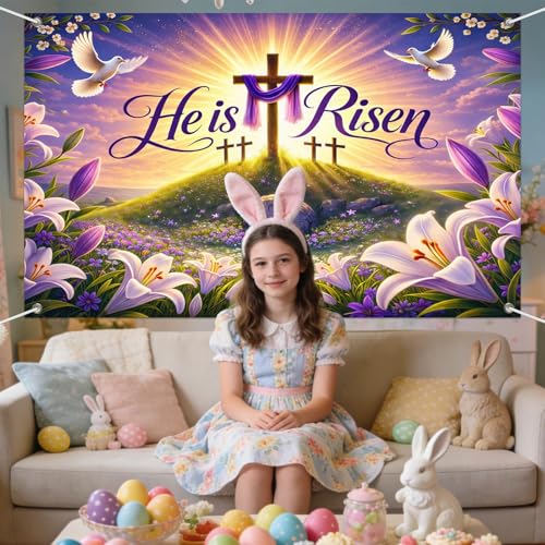 IVN He Is Risen Easter Banner 71x43 Inch Christian Resurrection Cross Lily - color: He Is Risen Cross Sunrise Christian Easter