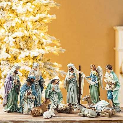 Glitzhome 12Pcs Nativity Figurines Sets for Christmas Indoor, Deluxe Blue Resin Christian Nativity Set Xmas Nativity Scene Tabletop Ornaments Miniatures Statue Nativity Figures Collectible 10" x 26" - size: 10 x 26.00 Inches-Blue