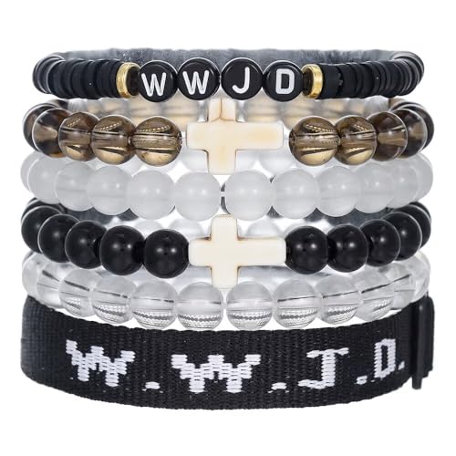 WWJD Bracelets Set WWJD Wristbands Christian Cross Bracelet Stackable Clay Bead Bracelets Stretch Glass Beaded Inspirational Christian Jewelry Gift for Couples Women Men - color: 6Pcs Black