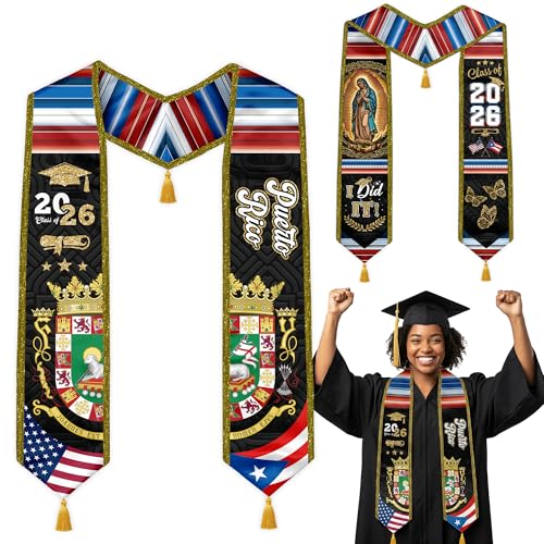 Graduation Stole Class of 2026 Reversible Sash with Gold Glitter Trim and Tassels V-Neck 72 Inch Satin - color: Puerto Rico & America